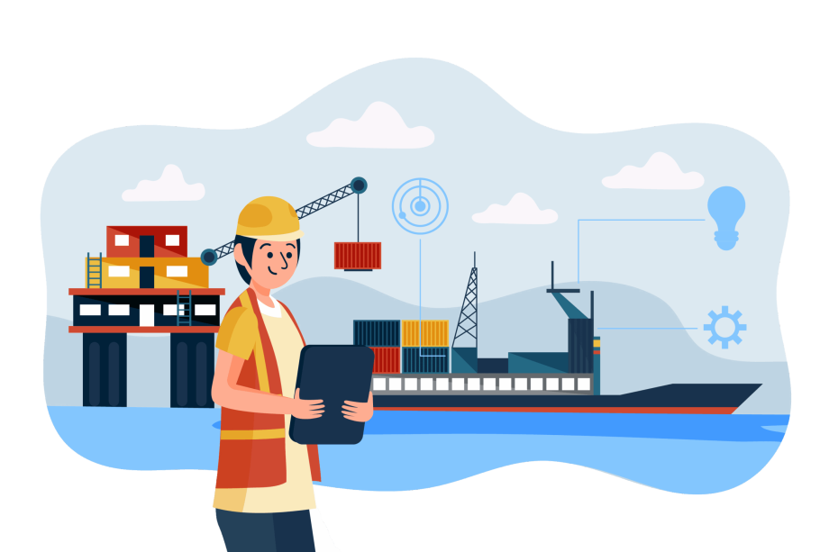 A logistics coordinator in a yellow hard hat and safety vest stands at a port, using a tablet to manage shipping operations. In the background, a crane is loading a container onto a cargo ship, illustrating the concepts of port management, freight forwarding, and supply chain technology.