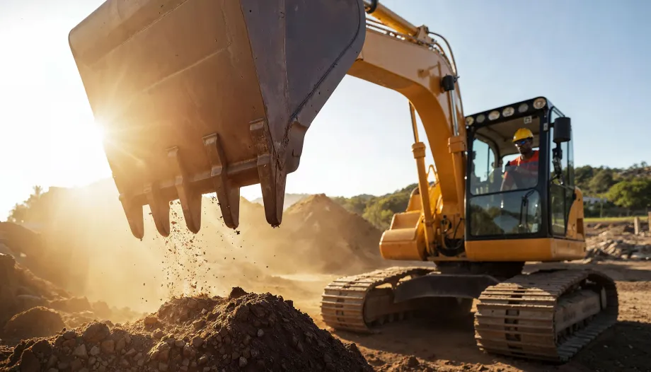 Used CAT excavator working on a construction site before shipping to Nigeria