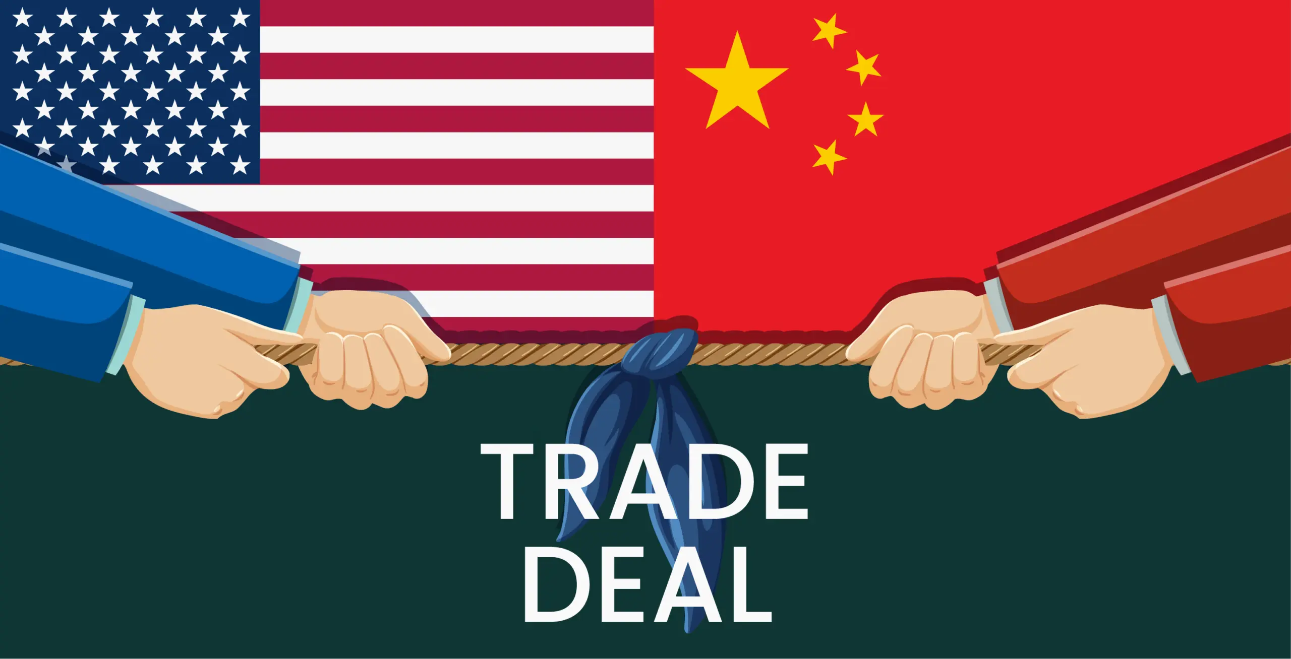 Illustration of US-China trade deal logistics represented by tug-of-war with flags, symbolizing negotiations and global supply chain tension in 2025