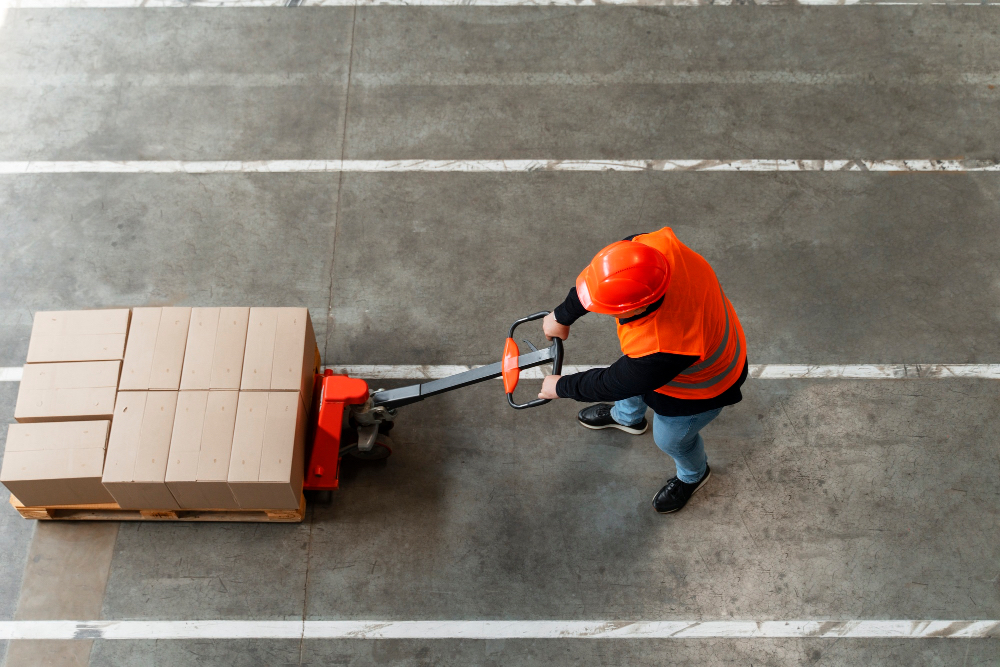 LCL shipping USA export — warehouse worker moving pallets for container freight station consolidation