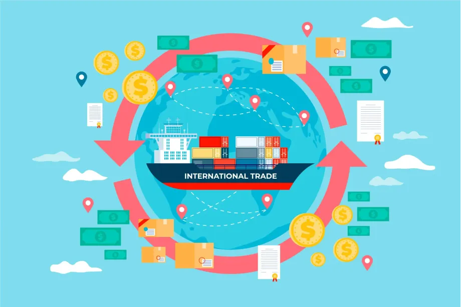 Global shipping opportunities emerging from international trade, symbolized by a container ship, money, and goods flowing around the world.