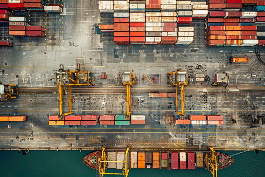 international freight forwarder USA export — aerial view of container port with shipping cranes and cargo