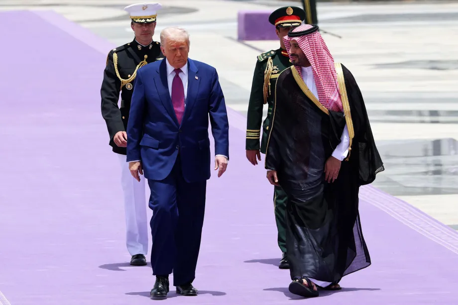 Donald Trump walking with Saudi Crown Prince during official state visit in 2025, impacting global oil and gas logistics discussions.