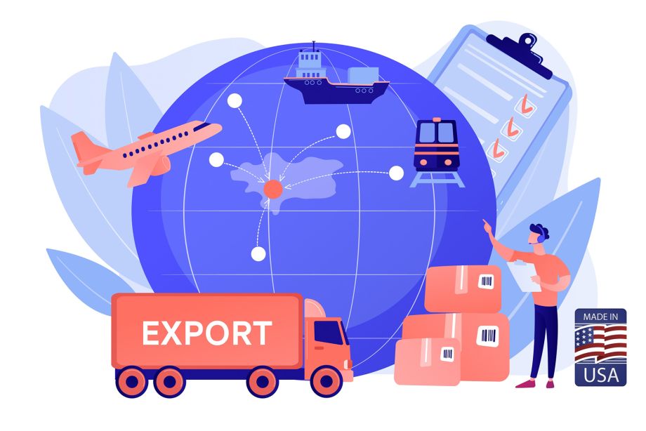 Illustration of global export logistics from USA: freight forwarder coordinating heavy machinery, beverages, medical equipment and furniture shipments worldwide with truck, ship, plane and train icons