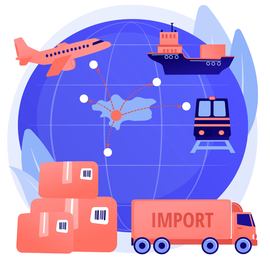 International oversized freight shipping illustration with global logistics modes: air, sea, rail, and road – Falcon Cargo