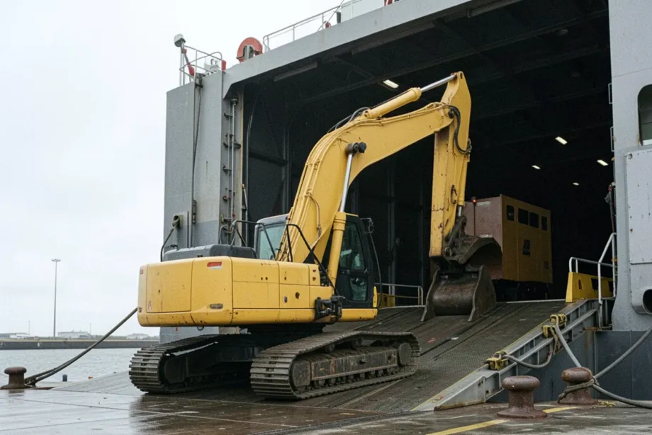 Excavator driving up a RoRo vessel ramp during heavy equipment export from the USA